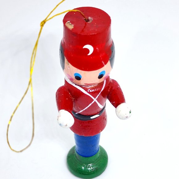 Vintage Christmas Standing Tin Soldier Hand Painted Wood Ornament - Picture 2 of 8